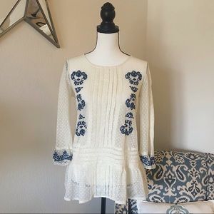 Free People Beige Blue Floral Embroidered Tunic